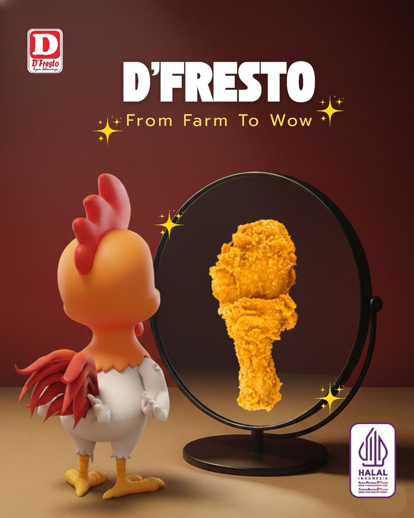 Maskot ayam D'Fresto bercermin dan melihat ayam goreng krispi